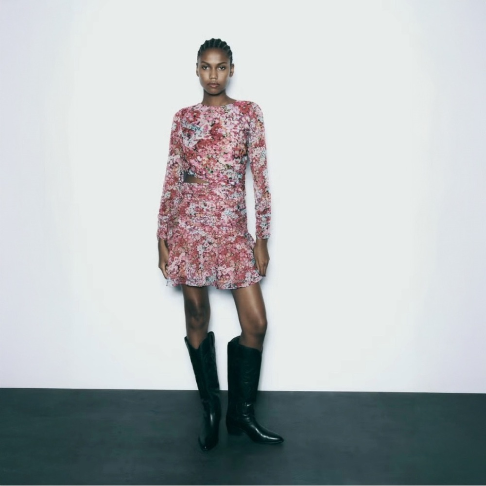 Zara Floral Print Pink Multicolor Long Sleeve Ruched Cut-Out Mini Dress (Small) - Picture 3 of 10